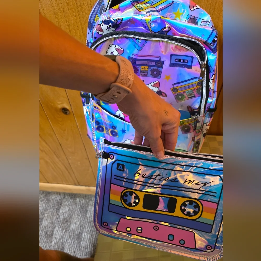 Holographic Dog & Boombox Backpack Detachable Pouch New Gift School Kids Learn